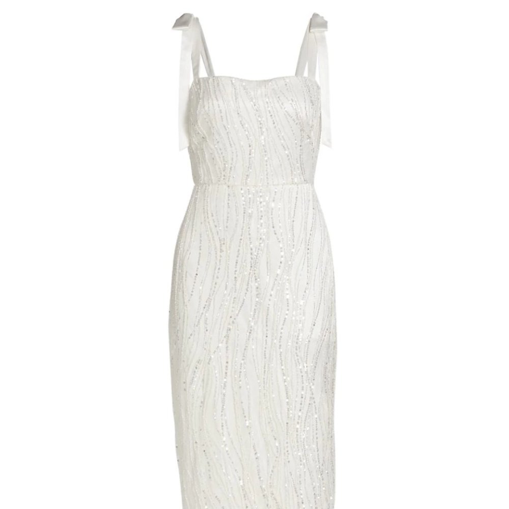 ML Monique Lhuillier Sequin Tie Shoulder Midi Dress